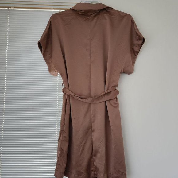 Light Satin Brown Belted Shirt Dress - Picture 3 of 3